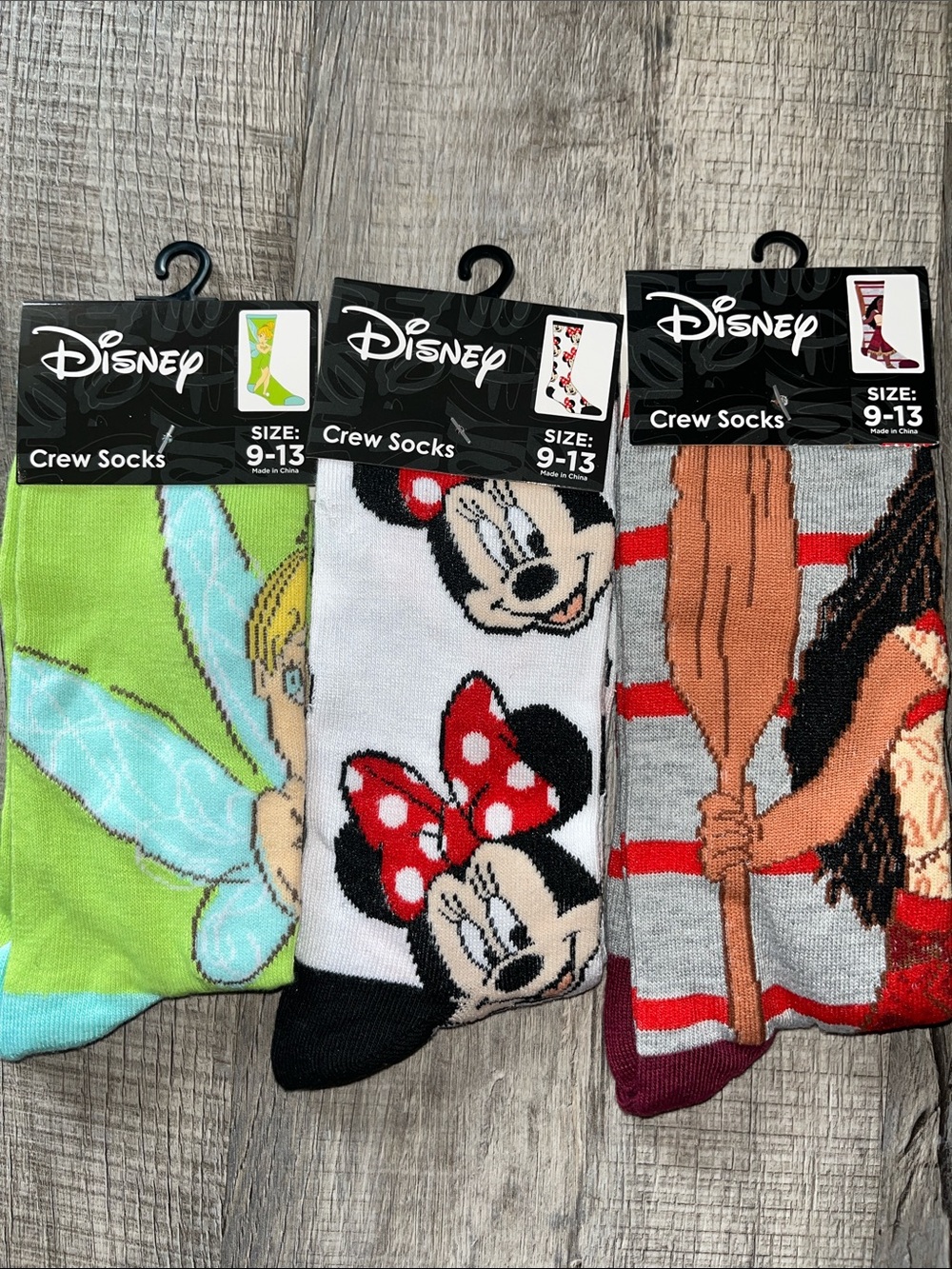 Disney bundle 3 pair Crew Socks Minnie Mouse Tinkerbell Moana NWT one size 9-13